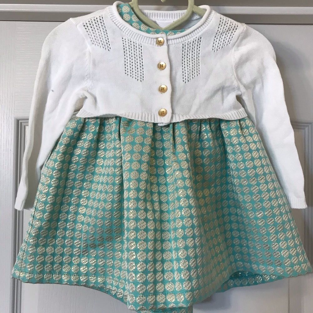 Cat & Jack 3 piece Formal Green and Gold dress set, size 12 months